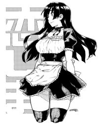 Rule 34 | 1girl, apron, back bow, bow, breasts, closed mouth, cropped legs, fuwari, highres, large breasts, long hair, maid apron, miniskirt, name tag, panties, pantyshot, puffy short sleeves, puffy sleeves, ren&#039;ai shimasen ka?, short sleeves, signature, skirt, smile, solo, standing, tachibana roku, thighhighs, underwear, waist apron, wind, wind lift
