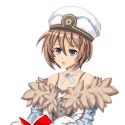Rule 34 | 10s, 1girl, bare shoulders, blanc (neptunia), blue eyes, book, brown hair, hat, highres, kmd, looking at viewer, neptune (series), open mouth, short hair, solo