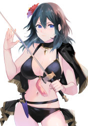 Rule 34 | 1girl, bikini, black bikini, black cape, blue eyes, blue hair, breasts, byleth (female) (fire emblem), byleth (female) (summer) (fire emblem), byleth (fire emblem), cape, cleavage, closed mouth, collarbone, commentary request, cowboy shot, dagger, fire emblem, fire emblem: three houses, fire emblem heroes, flower, hair between eyes, hair flower, hair ornament, hand up, highres, holding, holding sword, holding weapon, jewelry, knife, large breasts, long hair, looking at viewer, midriff, navel, necklace, nintendo, official alternate costume, sheath, sheathed, side cape, sidelocks, simple background, single bare shoulder, solo, standing, swimsuit, sword, umou (user xxhp7583), weapon, white background
