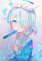 Rule 34 | 1girl, arona (blue archive), blue archive, blue eyes, blue hair, blue shirt, braid, choker, commentary request, envelope, gradient background, grey background, hair over shoulder, hair ribbon, hairband, highres, holding, long sleeves, manila envelope, multicolored hair, nishi yasuaki, parted lips, partial commentary, pink hair, puffy long sleeves, puffy sleeves, ribbon, sailor collar, school uniform, serafuku, shirt, single braid, solo, two-tone hair, upper body, white choker, white hairband, white ribbon, white sailor collar