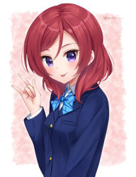Rule 34 | 1girl, :p, \n/, bad id, bad pixiv id, blazer, blue bow, blue jacket, blush, bow, breasts, closed mouth, collared shirt, commentary request, diagonal stripes, dress shirt, hair between eyes, hand up, jacket, long sleeves, looking at viewer, love live!, love live! school idol project, m/, nishikino maki, purple eyes, red hair, school uniform, shirt, small breasts, smile, solo, striped, striped bow, swept bangs, tongue, tongue out, twitter username, upper body, white shirt, yumoran