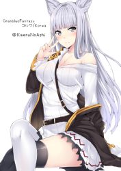 Rule 34 | 10s, 1girl, arm at side, asymmetrical legwear, belt, belt buckle, between breasts, black thighhighs, blunt bangs, blush, breasts, brown coat, buckle, cleavage, coat, collarbone, commentary request, covered erect nipples, crossed legs, erune, granblue fantasy, grey eyes, invisible chair, kaerunoashi, korwa, long hair, long sleeves, looking at viewer, medium breasts, mismatched legwear, off shoulder, open clothes, open coat, parted lips, pleated skirt, simple background, sitting, skirt, smile, solo, strap between breasts, sweater, tareme, thighhighs, very long hair, w, white background, white skirt, white sweater, white thighhighs, zettai ryouiki