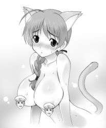 Rule 34 | 00s, 1girl, animal ears, braid, breasts, cat ears, cat girl, cat tail, censored, female focus, greyscale, hair over shoulder, huge breasts, kyogoku shin, lynette bishop, monochrome, nude, single braid, solo, strike witches, tail, topless frame, upper body, world witches series