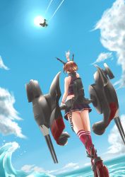 Rule 34 | 1girl, aircraft, airplane, anchor, black skirt, blue sky, brown hair, chain, cloud, commentary request, day, from below, hairband, headgear, highres, kantai collection, kiriki haruomi, machinery, mutsu (kancolle), outdoors, panties, pleated skirt, radio antenna, rudder footwear, short hair, skirt, sky, sleeveless, solo, standing, underwear, water, waves, white panties