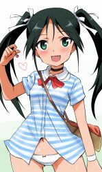 Rule 34 | 1girl, :d, bag, black hair, blush, bow, bow panties, buttons, choker, fang, francesca lucchini, gradient background, green eyes, green hair, hair bow, heart, highres, long hair, looking at viewer, matching hair/eyes, open mouth, panties, ribbon, shirt, simple background, smile, solo, strike witches, striped clothes, striped shirt, twintails, underwear, white panties, world witches series, yumekaranigeruna