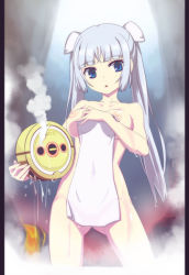 Rule 34 | 10s, 1girl, blue eyes, blush, breasts, caryo, collarbone, covered navel, covering privates, hair ornament, long hair, medium breasts, miss monochrome, miss monochrome (character), lava, naked towel, nanashino, nipples, nude, nude cover, open mouth, pillarboxed, robotic vacuum cleaner, ru-chan (miss monochrome), ruu-chan, silver hair, solo, steam, towel, twintails, wet