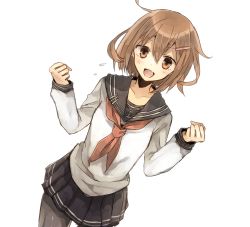 Rule 34 | 10s, 1girl, :d, black pantyhose, black skirt, blouse, brown eyes, brown hair, chibirisu, clenched hands, dutch angle, fang, hair ornament, hairclip, ikazuchi (kancolle), kantai collection, long sleeves, looking at viewer, neckerchief, open mouth, pantyhose, pleated skirt, sailor collar, school uniform, serafuku, shirt, short hair, simple background, skirt, smile, solo, white background