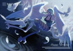 Rule 34 | 1girl, bird, bird legs, bird wings, grabbing another&#039;s breast, english text, feathers, grabbing, harpy, long hair, monet (one piece), monster girl, moonlight, one piece, pigeon, tank top, water, wings, yellow eyes