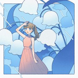 Rule 34 | 1girl, blue background, blue eyes, brown hair, dress, flower, hand up, highres, lily of the valley, long hair, mini person, minigirl, nahara saki, open mouth, original, pink dress, ponytail, sleeveless, sleeveless dress, solo