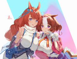 Rule 34 | 2girls, asymmetrical docking, between breasts, blouse, breast press, breasts, chinese commentary, commentary request, dated, hair between eyes, highres, horse girl, meisho doto (umamusume), multiple girls, ribao, shirt, strap between breasts, super creek (umamusume), sweater, thighhighs, umamusume, white shirt, white sweater