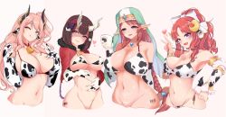 Rule 34 | 4girls, :q, akino (princess connect!), animal ears, animal print, aqua eyes, bare shoulders, bell, bikini, blue eyes, blush, bob cut, bottomless, bow, braid, breasts, broken horn, brown hair, cleavage, closed mouth, collar, collarbone, cow ears, cow print, cowbell, cup, demon horns, ear tag, elbow gloves, eriko (princess connect!), gloves, hair bow, high ponytail, highres, holding, holding cup, horns, large breasts, licking lips, long hair, looking at viewer, misato (princess connect!), multiple girls, navel, neck bell, one eye closed, one side up, open mouth, parted bangs, pink background, pink hair, pointy ears, princess connect!, purple eyes, red hair, seiren (kkh2052), short hair, sidelocks, simple background, single braid, smile, strap pull, suzuna (princess connect!), swimsuit, tongue, tongue out, white gloves
