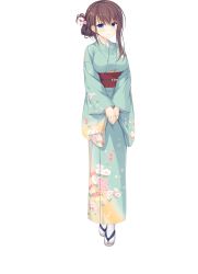 Rule 34 | 1girl, blue eyes, brown hair, drapri guu-ta-life, floral print, full body, highres, ichinose akino, japanese clothes, kimono, long hair, long sleeves, obi, official art, own hands together, sandals, sash, smile, solo, standing, tabi, takano yuki (allegro mistic), transparent background, updo, v arms
