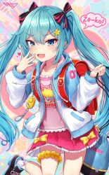 Rule 34 | 1girl, aged down, backpack, bag, blue eyes, blue hair, bow, crime prevention buzzer, drawstring, fang, female focus, frilled shirt, frills, hair bow, hair ornament, hairclip, hand to own mouth, hatsune miku, heart, highres, hood, hooded jacket, jacket, komashiro n, open mouth, pink shirt, pink skirt, print shirt, randoseru, shirt, shoes, skirt, socks, solo, star (symbol), striped, striped bow, tsurime, twintails, vocaloid