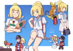 &gt;_&lt; 1boy 1girl :&lt; alolan_form alolan_raichu arm_support bag blonde_hair blue_background blue_socks blunt_bangs closed_mouth commentary_request creatures_(company) elio_(pokemon) eyelashes flying_sweatdrops game_freak gen_1_pokemon gen_7_pokemon green_eyes grin highres holding holding_pokemon invisible_chair knees lillie_(pokemon) long_hair multiple_views nintendo pleated_skirt pointing pokemon pokemon_(creature) pokemon_sm ponytail rowlet shirt shoes short_sleeves signature sitting skirt sleepcatz smile socks spearow teeth white_footwear white_shirt white_skirt