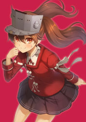 1girl black_skirt blush brown_eyes brown_hair closed_mouth female_focus hat highres kantai_collection long_hair long_sleeves looking_at_viewer miniskirt nueco red_background ryuujou_(kancolle) shirt simple_background skirt smile solo sweat sweatdrop twintails white_shirt