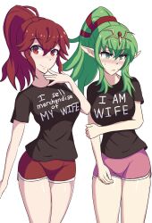 Rule 34 | (fire emblem), 2girls, absurdres, alternate costume, anna (fire emblem), aohadapeach, black shirt, blush, breasts, closed mouth, clothes writing, embarrassed, english text, fire emblem, fire emblem awakening, green eyes, green hair, highres, large breasts, looking at viewer, medium hair, multiple girls, nintendo, pink shorts, pointy ears, ponytail, red eyes, red hair, red shorts, shirt, short shorts, short sleeves, shorts, simple background, smile, sweatdrop, tiara, tiki (adult) (fire emblem), tiki (fire emblem), white background