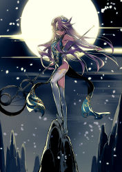 Rule 34 | 10s, 1girl, alternate costume, backlighting, blue eyes, boots, china dress, chinese clothes, cure moonlight, dress, elbow gloves, fate/stay night, fate (series), fingerless gloves, flower, full moon, gloves, hair flower, hair ornament, heartcatch precure!, highres, ishida akira, legs, long hair, long legs, magical girl, moon, petals, precure, purple hair, revision, sky, solo, staff, star (sky), starry sky, thighhighs, thighs, tsukikage yuri, type-moon, white thighhighs