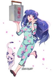 Rule 34 | 1girl, artist name, bell, blush, cat, chinese clothes, double bun, floral print, flower, food delivery box, gearous, hair bell, hair bobbles, hair bun, hair ornament, highres, long hair, open mouth, petals, purple eyes, purple hair, ranma 1/2, shampoo (ranma 1/2), slippers, solo, white background