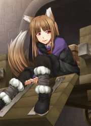 Rule 34 | 00s, animal ears, brown hair, holo, ifuji shinsen, long hair, red eyes, sitting, solo, spice and wolf, tail, wolf ears, wolf tail