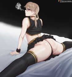 Rule 34 | 1girl, alternate costume, arm support, ass, black panties, black shirt, black skirt, black thighhighs, black wristband, blonde hair, cheerleader, choker, closed mouth, commentary, crop top, dark background, english commentary, green eyes, highres, long hair, looking at viewer, looking back, maka albarn, microskirt, mobi mobi, on bed, panties, patreon username, shirt, skirt, skirt rolled up, sleeveless, solo, soul eater, split, spread legs, swirl, thighhighs, twintails, underwear