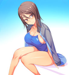 Rule 34 | 10s, 1girl, arm support, blue background, blue jacket, blue one-piece swimsuit, blush, breasts, brown eyes, brown hair, cleavage, closed mouth, competition school swimsuit, female focus, from side, girls und panzer, gradient background, hair between eyes, head tilt, high collar, highres, invisible chair, jacket, jacket on shoulders, keizoku military uniform, knees together feet apart, kook, large breasts, leaning forward, long hair, looking at viewer, mika (girls und panzer), military, military uniform, one-piece swimsuit, raglan sleeves, school swimsuit, shiny clothes, shiny skin, short hair, sideboob, sitting, smile, solo, swept bangs, swimsuit, swimsuit under clothes, thighs, track jacket, uniform, white background