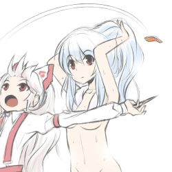 Rule 34 | 2girls, blue hair, bow, breasts, chopsticks, convenient censoring, food, fuente, fujiwara no mokou, hair bow, kamishirasawa keine, looking at viewer, looking up, multiple girls, navel, nude, out-of-frame censoring, overalls, ponytail, red eyes, steam, sushi, touhou, towel, tuna, wet, white hair