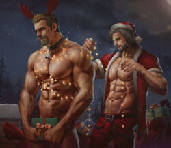Rule 34 | 2boys, abs, aenaluck, antlers, audec (aenaluck), bara, bare pectorals, beard, bell, belt, black belt, blonde hair, box, christmas lights, completely nude, covering crotch, covering privates, cowbell, facial hair, gift, gift box, grey hair, hat, holding, holding gift, horns, large pectorals, looking at another, male focus, master (aenaluck), multiple boys, muscular, muscular male, navel, night, night sky, nipples, nude, open clothes, open shirt, original, outdoors, pants, pectorals, red pants, red shirt, reindeer antlers, santa costume, santa hat, shirt, short hair, sky, snowing
