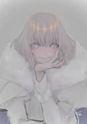 Rule 34 | 1boy, absurdres, blush, cloak, closed mouth, eyelashes, fate/grand order, fate (series), fektt, fingernails, fur-trimmed cloak, fur trim, grey background, grey eyes, grey hair, hand on own face, highres, long sleeves, looking at viewer, male focus, oberon (fate), shirt, simple background, smile, solo, white shirt