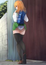 Rule 34 | 1girl, ass, black thighhighs, blouse, blunt bangs, breasts, clothes lift, commentary, from behind, girls und panzer, green skirt, highres, kakimoto nao, loafers, long hair, long sleeves, looking at viewer, looking back, ooarai school uniform, orange eyes, orange hair, outdoors, panties, pantyshot, pleated skirt, school uniform, serafuku, shirt, shoes, skirt, skirt caught on object, solo, standing, symbol-only commentary, takebe saori, thighhighs, underwear, uniform, upskirt, wardrobe malfunction, white panties, white shirt