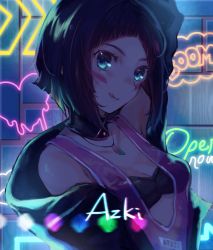 Rule 34 | 1girl, aoi futaba (aoi2taba), arm up, arrow (symbol), azki (2nd costume) (hololive), azki (hololive), black hair, black jacket, blue eyes, bob cut, character name, collarbone, dark, detached collar, facepaint, glowing, graffiti, heart, highres, hololive, jacket, jewelry, licking lips, lips, looking at viewer, necklace, neon lights, neon trim, off shoulder, solo, tank top, tongue, tongue out, virtual youtuber, wooden wall