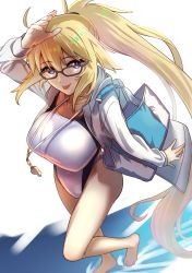 Rule 34 | 1girl, :p, absurdres, bag, barefoot, black-framed eyewear, blonde hair, blue eyes, competition swimsuit, fate/grand order, fate (series), from above, full body, glasses, highres, jacket, jeanne d&#039;arc (fate), jeanne d&#039;arc (ruler) (fate), jeanne d&#039;arc (swimsuit archer) (fate), jeanne d&#039;arc (swimsuit archer) (second ascension) (fate), kujuu shikuro, long hair, looking at viewer, looking up, one-piece swimsuit, ponytail, solo, swimsuit, tongue, tongue out, very long hair, walking, water, whistle, whistle around neck
