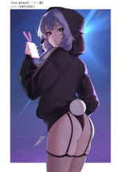 Rule 34 | 1girl, absurdres, artist name, black hoodie, black leotard, blue background, blue eyes, blue hair, blunt bangs, cellphone, commentary, cowboy shot, fake tail, fishnet thighhighs, fishnets, from behind, garter straps, gohan oni, hatsune miku, highleg, highleg leotard, highres, holding, holding phone, hood, hood up, hoodie, leotard, light rays, long hair, looking at viewer, looking back, mask, mouth mask, multicolored hair, phone, pink hair, price tag, rabbit hole (vocaloid), rabbit tail, skindentation, smartphone, solo, streaked hair, surgical mask, symbol-only commentary, tail, thighhighs, two-tone hair, vocaloid