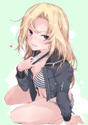 Rule 34 | 1girl, bikini, black jacket, black necktie, blonde hair, blue eyes, breasts, cleavage, collarbone, commentary request, from below, green background, hornet (kancolle), jacket, kantai collection, large breasts, long hair, looking at viewer, necktie, solo, striped bikini, striped clothes, swimsuit, two-tone background, yumesato makura