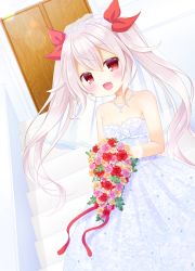 Rule 34 | 1girl, :d, azur lane, bad id, bad pixiv id, bare shoulders, blue dress, blush, bouquet, breasts, bridal veil, collarbone, commentary request, door, dress, fang, flower, hair between eyes, hair ribbon, highres, holding, holding bouquet, jewelry, long hair, looking at viewer, necklace, open mouth, pink flower, pink rose, pyonko (pyonko pyonko), red eyes, red flower, red ribbon, red rose, ribbon, rose, see-through, silver hair, small breasts, smile, solo, stairs, stone stairs, strapless, strapless dress, twintails, vampire (azur lane), veil, very long hair, yellow flower, yellow rose