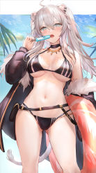 Rule 34 | 1girl, ahoge, animal ears, bare shoulders, belt, bikini, black belt, black bikini, black choker, black jacket, blue sky, blush, breasts, choker, commentary request, day, food, fur-trimmed jacket, fur trim, gluteal fold, grey eyes, hair between eyes, hand up, himonoata, holding, holding food, hololive, jacket, jewelry, large breasts, lion ears, lion tail, long hair, looking at viewer, navel, necklace, off shoulder, open clothes, open jacket, open mouth, popsicle, shishiro botan, silver hair, sky, solo, standing, stomach, swimsuit, tail, thighs, virtual youtuber