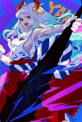 Rule 34 | 1girl, aqua hair, blue background, breasts, club, club (weapon), commentary request, earrings, hair ornament, hakama, highres, holding, holding club, holding weapon, horns, japanese clothes, jewelry, kanabou, looking at viewer, multicolored hair, one piece, open mouth, p4p q, ponytail, red hakama, rope, shimenawa, sideboob, solo, weapon, white hair, yamato (one piece)