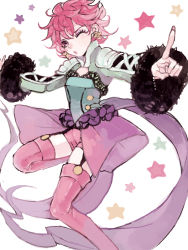 Rule 34 | 1girl, earrings, harold berselius, jewelry, negi (loveyr), one eye closed, pink eyes, pink hair, pink thighhighs, short hair, shorts, solo, star (symbol), starry background, tales of (series), tales of destiny 2, thigh strap, thighhighs, white background