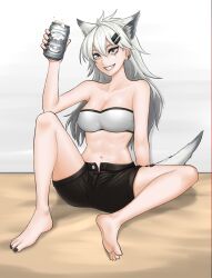 Rule 34 | 1girl, animal ears, arknights, bandeau, bare arms, bare legs, bare shoulders, barefoot, black nails, black shorts, breasts, can, cleavage, commentary request, grey eyes, grin, hair between eyes, hair ornament, hairclip, hand up, highres, holding, holding can, kja (shishimujizhong), knee up, lappland (arknights), long hair, looking at viewer, medium breasts, midriff, nail polish, navel, open fly, scar, scar across eye, short shorts, shorts, sitting, smile, solo, stomach, strapless, tail, thighs, toenail polish, toenails, tube top, very long hair, white hair, wolf ears, wolf tail