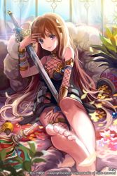 Rule 34 | 1girl, barefoot, bracelet, breasts, brown hair, cleavage, coin, dress, feet, fishnets, flower, full body, hijiri kishi estella, holding, holding sword, holding weapon, holy knight estella, jewelry, light rays, lips, long hair, lots of jewelry, midgard war chronicles, hugging object, pillow, purple eyes, saya (mychristian2), sitting, smile, soles, solo, sunlight, sword, toes, vase, weapon