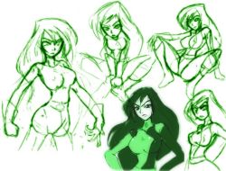 Rule 34 | 1girl, artist request, breasts, character sheet, female focus, full body, kim possible, large breasts, monochrome, partially colored, shego, simple background, sketch, spread legs, white background