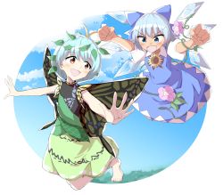 Rule 34 | 2girls, antennae, aqua hair, barefoot, blue bow, blue dress, blue eyes, blue hair, blush, bow, butterfly wings, cirno, collared shirt, detached wings, dress, eternity larva, fairy, flower, green dress, hair between eyes, hair bow, highres, ice, ice wings, insect wings, leaf, leaf on head, mimottei, morning glory, multicolored clothes, multicolored dress, multiple girls, open mouth, outstretched arms, pink flower, puffy short sleeves, puffy sleeves, red eyes, shirt, short hair, short sleeves, single strap, smile, spread arms, sunflower, tanned cirno, touhou, white shirt, wings, yellow flower