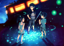 Rule 34 | 1girl, 2boys, black hair, bug, casual, fireflies, firefly, from behind, glowing, hand in pocket, insect, light, looking back, multiple boys, night, night sky, original, playing games, short hair, sky, standing, star (sky), sunakumo, train