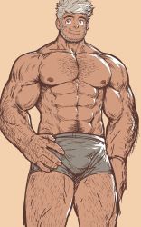 Rule 34 | 1boy, abs, arm hair, bara, beard, boxers, bulge, chest hair, dark-skinned male, dark skin, dobito mn, facial hair, feet out of frame, grey male underwear, hairy, highres, large pectorals, leg hair, looking at viewer, male focus, male underwear, mature male, muscular, muscular male, navel, navel hair, nipples, original, pectorals, short hair, sideburns, silver hair, smile, solo, stomach, stubble, thick thighs, thighs, topless male, underwear, underwear only, veins