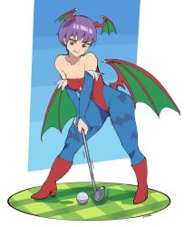 Rule 34 | 1girl, animal print, ball, bare shoulders, bat print, bat wings, blue pantyhose, boots, breasts, bridal gauntlets, capcom, cleavage, dairenke art, demon girl, diamond cutout, golf, golf ball, golf club, gradient sky, head wings, high heel boots, high heels, highleg, highleg leotard, holding, holding golf club, hole, leotard, lilith aensland, low wings, motion lines, nervous, pantyhose, print pantyhose, purple hair, red footwear, red leotard, red wings, short hair, simple background, sky, small breasts, solo, spikes, strapless, strapless leotard, sweat, thighs, vampire (game), wings