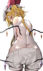 Rule 34 | 1girl, blonde hair, flandre scarlet, from behind, hat, one side up, red eyes, shorts, side ponytail, simple background, solo, touhou, tsune (tune), wings