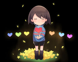 Rule 34 | 1girl, black background, black shorts, blue sweater, boots, brown hair, closed eyes, flower, frisk (undertale), heart, long sleeves, looking at viewer, rainbow order, short hair, short shorts, shorts, striped clothes, striped sweater, sweater, undertale, xox xxxxxx, yellow flower