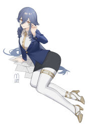 Rule 34 | 1girl, absurdres, alternate costume, artist name, bespectacled, black skirt, blazer, blue hair, blue jacket, buttoned cuffs, buttons, closed mouth, collared shirt, commentary request, contemporary, drill hair, drill sidelocks, genshin impact, glasses, gold footwear, hand on ground, highres, jacket, layla (genshin impact), long hair, long sleeves, looking at viewer, lying, misakisutsu, necktie, office lady, on side, orange eyes, pantyhose, paper, shirt, sidelocks, simple background, skirt, solo, thighlet, very long hair, white background, white pantyhose, white shirt, yellow necktie