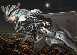 Rule 34 | 1girl, aircraft, airplane, aqua eyes, bodysuit, city, cloud, fighter jet, flying, full moon, glowing, glowing eye, highres, highway, jet, long hair, mecha musume, military, military vehicle, moon, night, original, personification, silver hair, sky, smile, solo, strike witches, tom-neko (zamudo akiyuki), united states air force, world witches series, yf-23