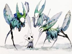 Rule 34 | absurdres, black eyes, bug, chinese commentary, cloak, commentary request, funeralll black, grey cloak, highres, hollow eyes, hollow knight, knight (hollow knight), looking at another, looking down, looking up, mantis lord (hollow knight), mask, no humans, painting (medium), shadow, simple background, standing, traditional media, watercolor (medium), weapon