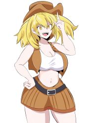 Rule 34 | 1girl, :d, bad link, belt, blonde hair, breasts, brown hat, commentary, cowboy hat, drawfag, hair between eyes, hand on own hip, hand up, hat, highres, index finger raised, large breasts, navel, oikatzo (shangri-la frontier), open mouth, shangri-la frontier, shirt, smile, solo, standing, uomi kei, white background, white shirt, yellow eyes